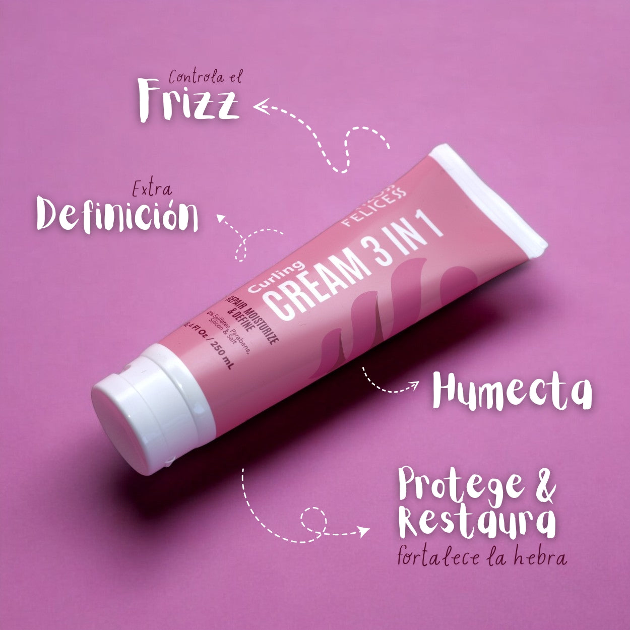 Crema para rizos 3 en 1 de Rizos felices 250ml sirve como acondicionador, crema de peinar y tratamiento nutritivo. Su fórmula rica en proteínas y baja en grasas la hace especial para recuperar los cabellos expuestos a procedimientos químicos, como coloración o decoloración.