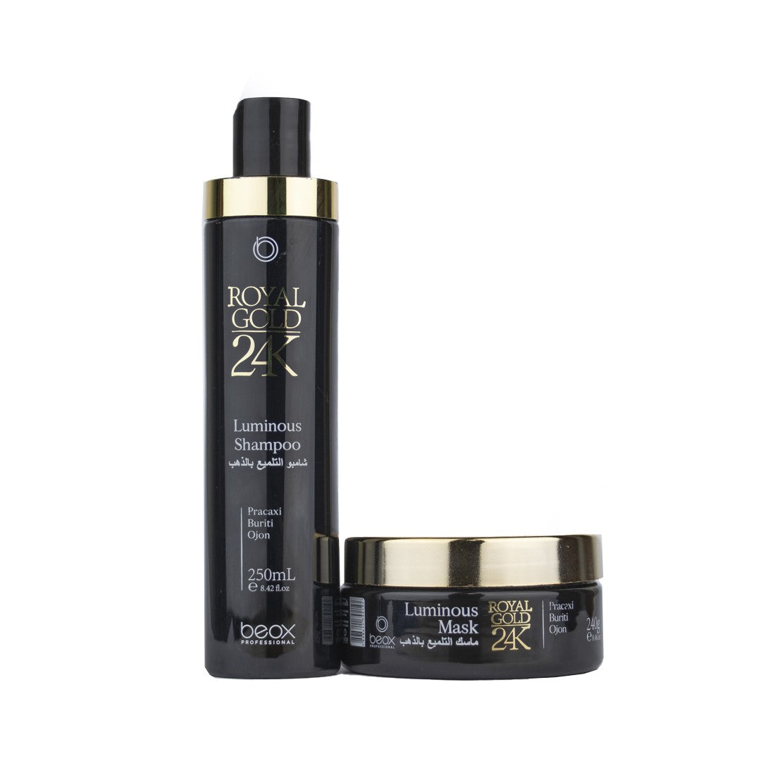 Este tratamiento Champú y mascarilla de la línea Royal Gold 24K hidrata, nutre, protege y revitaliza el pelo. Funciona como un humectante intenso que promueve el colágeno y la hidratación desde el cuero cabelludo hasta las puntas. También lo protege de los daños del calor, de los rayos del sol, estimula el crecimiento, combate la caspa y da un adicional de luminosidad y suavidad al pelo.