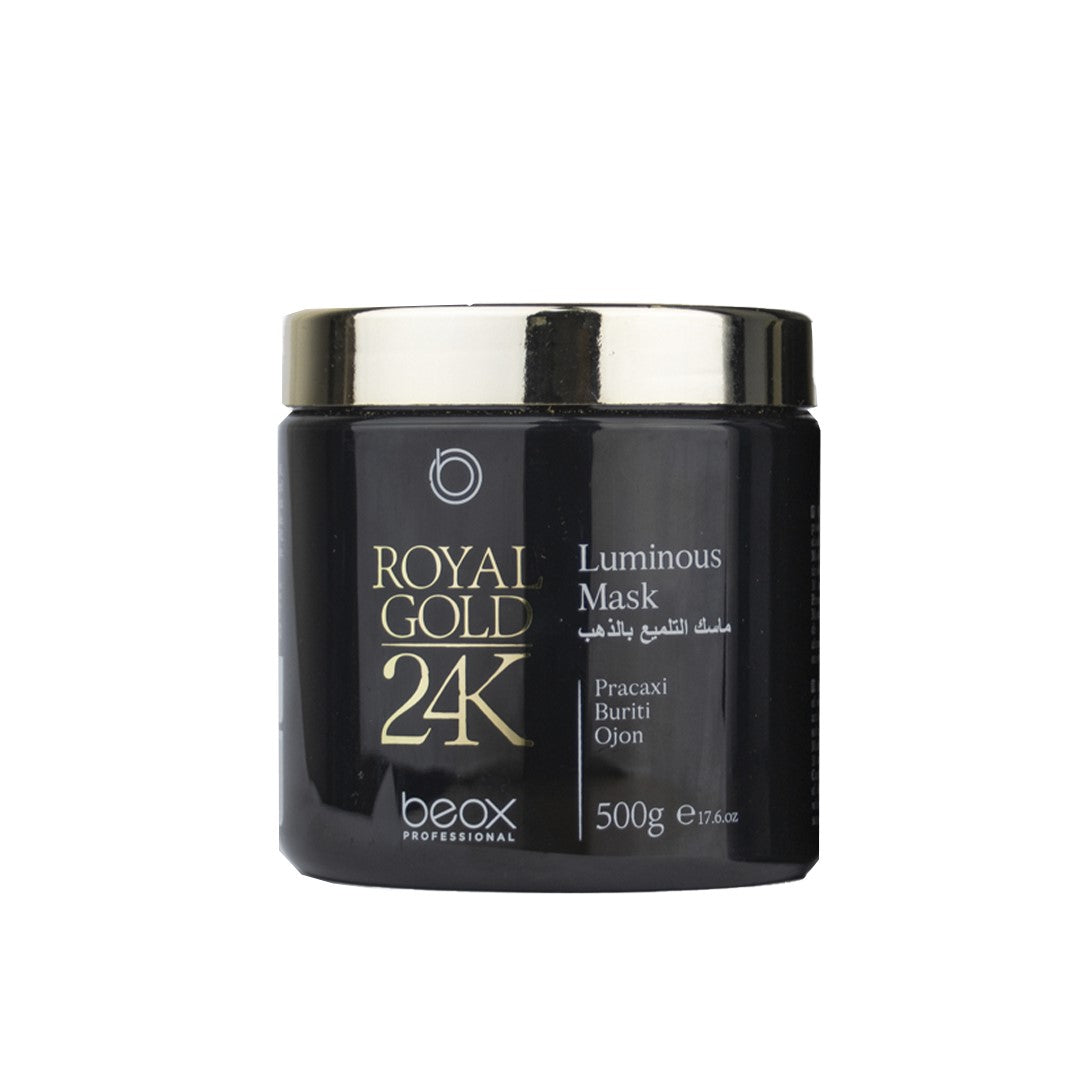 Luminous Mask Royal Gold 24k 500g  la máscara de la línea royal gold 24K, nutre profundamente la fibra capilar, reduce el volumen y devuelve la elasticidad natural del cabello. Compuesto por un complejo único y noble de ácidos, proteínas y aceites, que realinean cualquier tipo de cabello, manteniendo los cabellos brillantes y saludables.  La fórmula contiene el Glossy Gold un exclusivo complejo de ácidos y aceites que reconstruyen e hidratan los cabellos dañados.