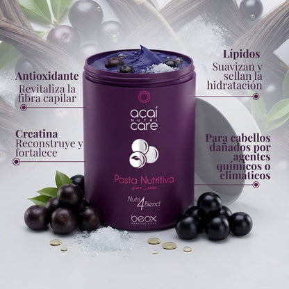 Extractos de açaí y jabuticaba: frutas brasileñas con gran poder antioxidante, que revitalizan la fibra capilar.
Creatina: ayuda a reconstruir y fortalecer la estructura interna del cabello.
Lípidos: suavizan, sellan la hidratación y devuelven flexibilidad al cabello seco.