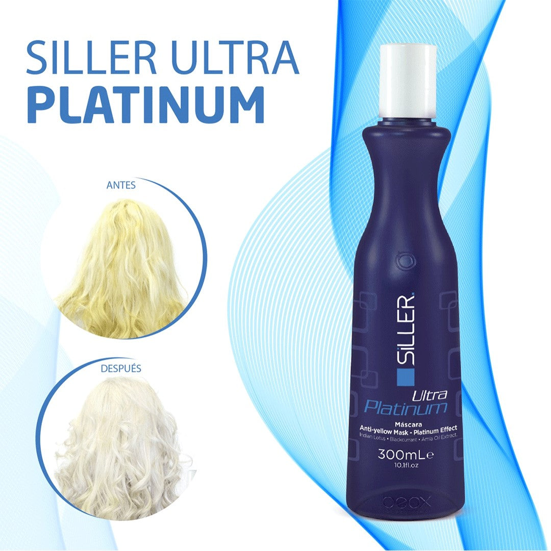 Siller Ultra Platinum Mask 300ml Con esta novedosa mascarilla, eliminarás los odiosos tonos amarillos y a la vez ayudarás a tu pelo a recuperar la hidratación y elasticidad perdida en los procesos de coloración y decoloración. Ideal para cabellos rubios platinados