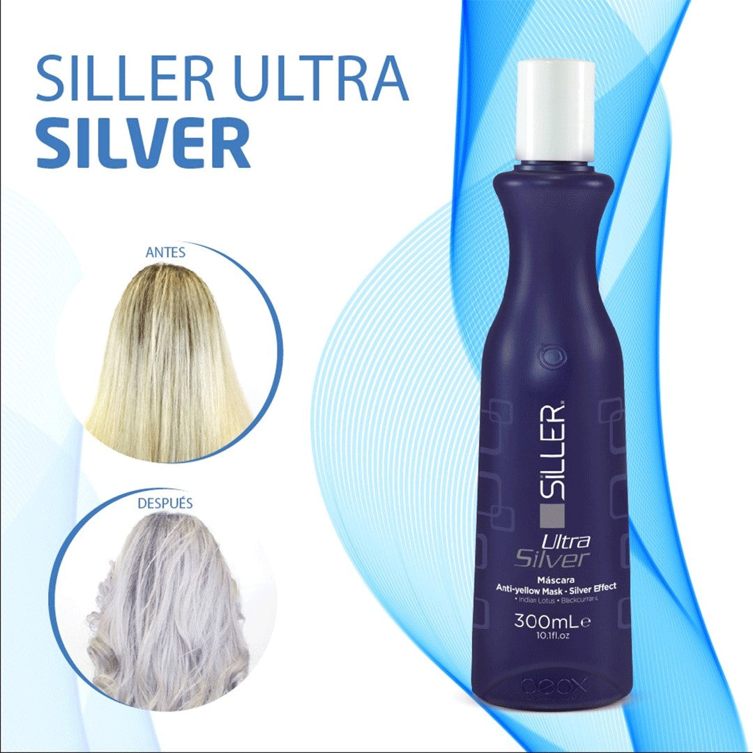 SILLER ULTRA SILVER MASK Esta novedosa mascarilla, matiza los tonos cobrizos y devuelve la hidratación y elasticidad perdida en los procesos de decoloración u otros factores, te permitirá lograr ese tono gris uniforme, deseado e impecable.