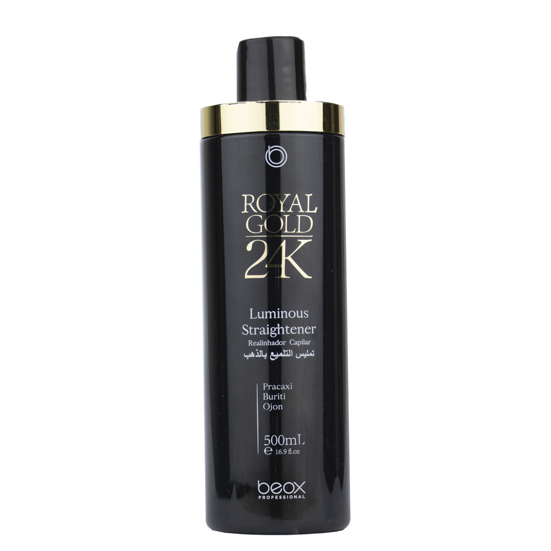 Alisado Luminous Straightener Royal Gold 24K 500ml  El alisado Luminous de la línea Royal Gold 24K se diferencia principalmente por su textura en gel, lo que permite una mejor distribución y una mayor absorción del producto en el  cabello. La fórmula contiene Glossy Gold, un exclusivo complejo de ácidos y aceites que reconstruyen e hidratan los cabellos dañados profundamente