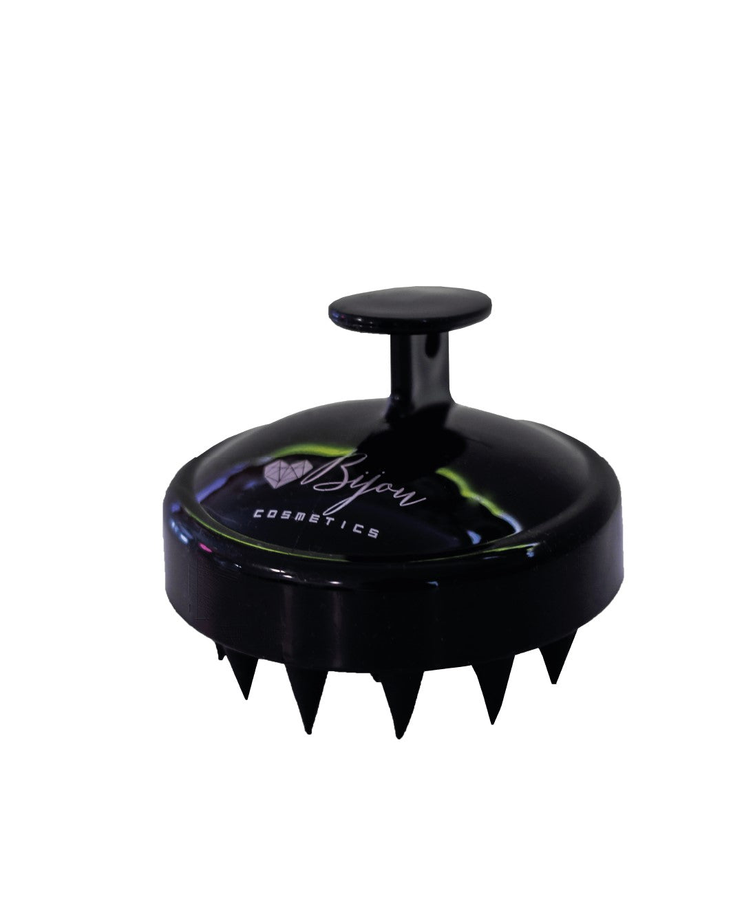 Cepillo masajeador negro en silicona. Limpia, favorece la irrigación sanguínea y dinamiza el crecimiento del pelo